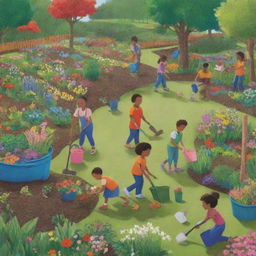 Design an animated image of a vibrant environmental scene with people cleaning and gardening, bins labeled with bio and non-biodegradable, children receiving lessons on nature care, and flowers dotting the terrain.