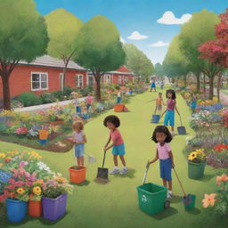 Design an animated image of a vibrant environmental scene with people cleaning and gardening, bins labeled with bio and non-biodegradable, children receiving lessons on nature care, and flowers dotting the terrain.