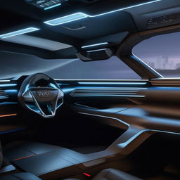 Driver's cabin of a 4-door, futuristic SUV portraying state-of-the-art tech innovations and sleek modern design.