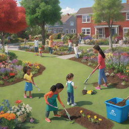 Design an animated image of a vibrant environmental scene with people cleaning and gardening, bins labeled with bio and non-biodegradable, children receiving lessons on nature care, and flowers dotting the terrain.