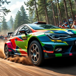 A vibrant and eye-catching vinyl design for a rally car