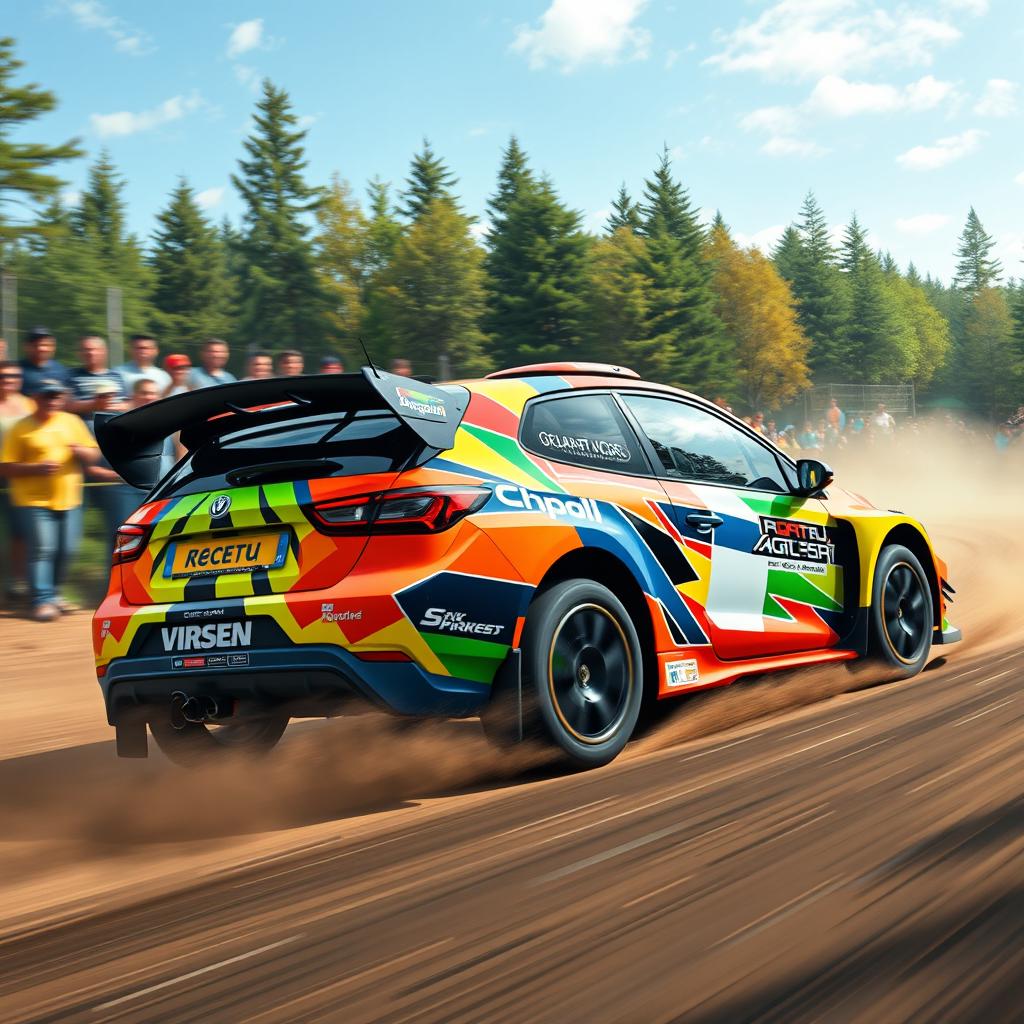 A vibrant and eye-catching vinyl design for a rally car