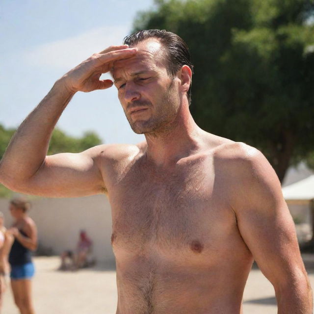 A man in the scorching summer sun, sweat glistening on his forehead, a handkerchief in hand, fanning himself in a desperate attempt to cool down from the heavy heat.