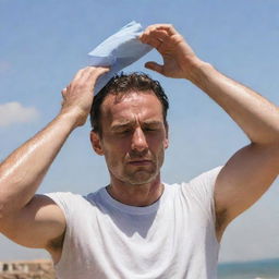 A man in the scorching summer sun, sweat glistening on his forehead, a handkerchief in hand, fanning himself in a desperate attempt to cool down from the heavy heat.