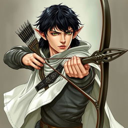 A male Elf Rogue from the Forgotten Realms, featuring shoulder-length black hair and captivating green eyes