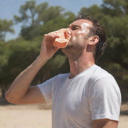 A man in the scorching summer sun, sweat glistening on his forehead, a handkerchief in hand, fanning himself in a desperate attempt to cool down from the heavy heat.