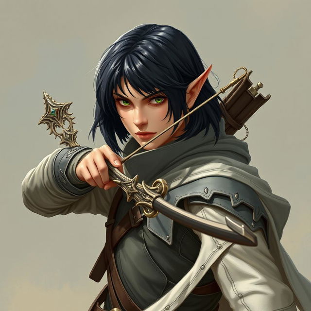 A male Elf Rogue from the Forgotten Realms, featuring shoulder-length black hair and captivating green eyes