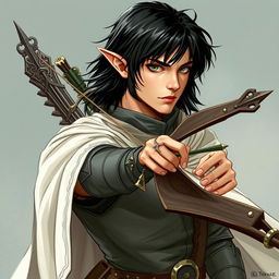 A male Elf Rogue from the Forgotten Realms, featuring shoulder-length black hair and captivating green eyes