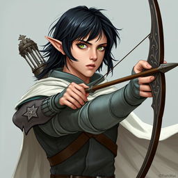 A male Elf Rogue from the Forgotten Realms, featuring shoulder-length black hair and captivating green eyes