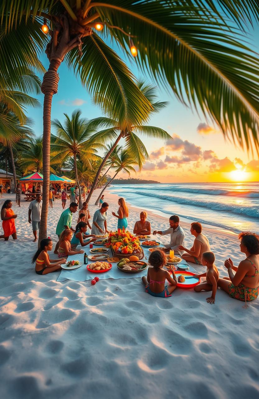 A vibrant Caribbean Christmas scene featuring a colorful beach with palm trees adorned with festive decorations