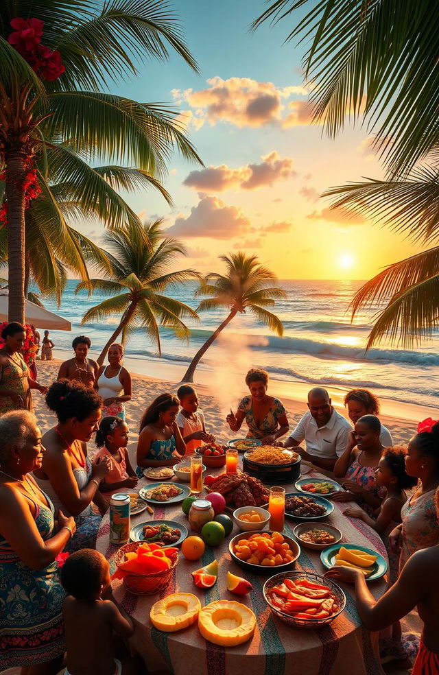 A vibrant Caribbean Christmas scene featuring a colorful beach with palm trees adorned with festive decorations