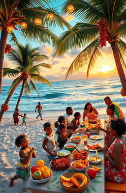 A vibrant Caribbean Christmas scene featuring a colorful beach with palm trees adorned with festive decorations