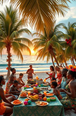 A vibrant Caribbean Christmas scene featuring a colorful beach with palm trees adorned with festive decorations