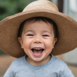 A joyful child playfully trying on a too-big hat, giggling as it slides down over his eyes, filling the atmosphere with innocence and warmth.