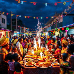 A lively Guyanese Christmas celebration showcasing a bustling street filled with colorful lights and decorations