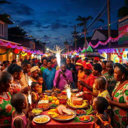 A lively Guyanese Christmas celebration showcasing a bustling street filled with colorful lights and decorations