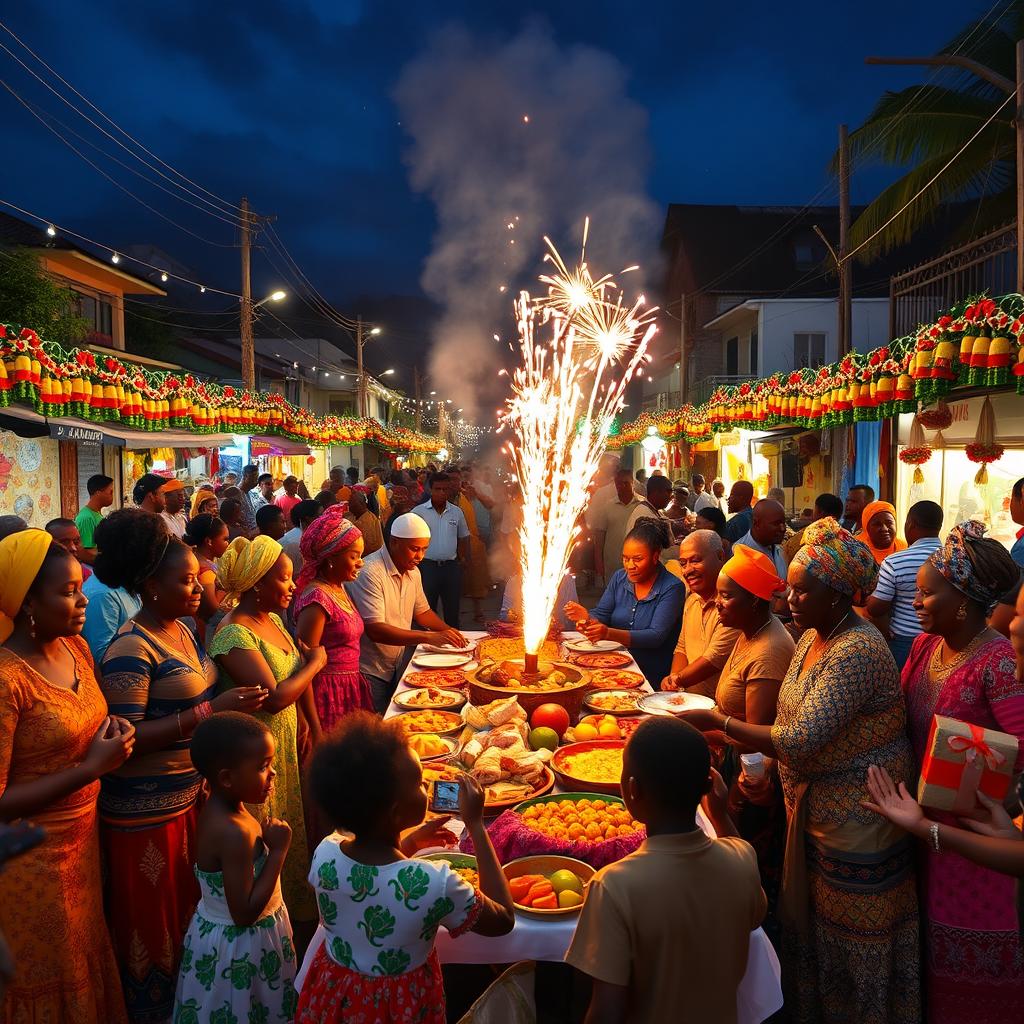 A lively Guyanese Christmas celebration showcasing a bustling street filled with colorful lights and decorations