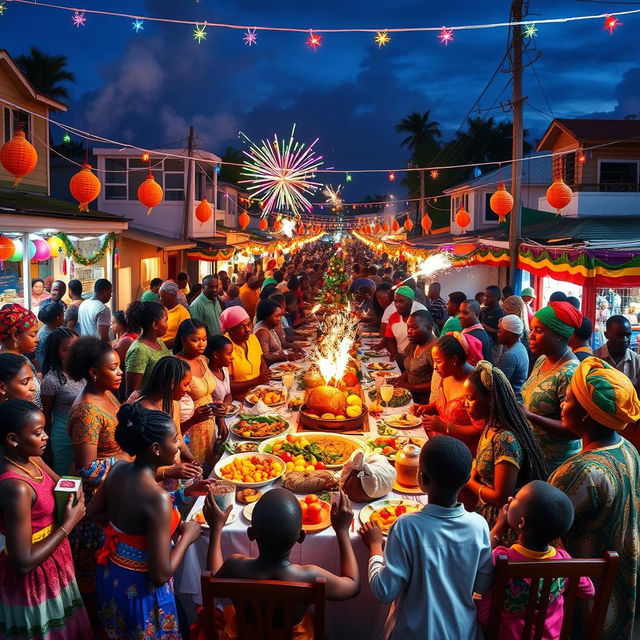 A lively Guyanese Christmas celebration showcasing a bustling street filled with colorful lights and decorations