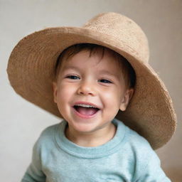 A joyful child playfully trying on a too-big hat, giggling as it slides down over his eyes, filling the atmosphere with innocence and warmth.