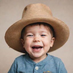 A joyful child playfully trying on a too-big hat, giggling as it slides down over his eyes, filling the atmosphere with innocence and warmth.