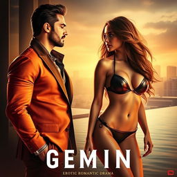 A film poster for an erotic romantic drama titled 'Gemini', featuring a modern, steamy, and classy design