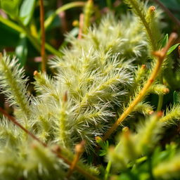 A close-up, artistic representation of a lush, natural environment, showcasing intricate patterns in plants that vaguely resemble hair or fur, evoking a sense of wildness and beauty