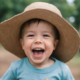 A joyful child playfully trying on a too-big hat, giggling as it slides down over his eyes, filling the atmosphere with innocence and warmth.