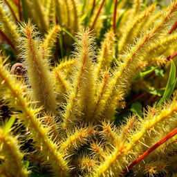 A close-up, artistic representation of a lush, natural environment, showcasing intricate patterns in plants that vaguely resemble hair or fur, evoking a sense of wildness and beauty