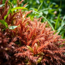 A close-up, artistic representation of a lush, natural environment, showcasing intricate patterns in plants that vaguely resemble hair or fur, evoking a sense of wildness and beauty