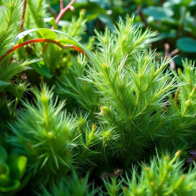 A close-up, artistic representation of a lush, natural environment, showcasing intricate patterns in plants that vaguely resemble hair or fur, evoking a sense of wildness and beauty