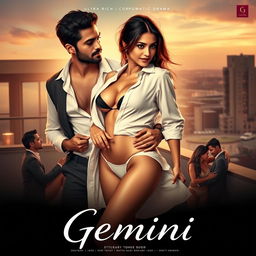 A film poster for an erotic romantic drama titled 'Gemini', featuring a modern, steamy, and classy design