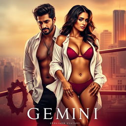 A film poster for an erotic romantic drama titled 'Gemini', featuring a modern, steamy, and classy design