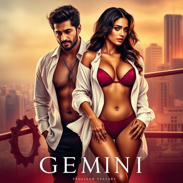 A film poster for an erotic romantic drama titled 'Gemini', featuring a modern, steamy, and classy design