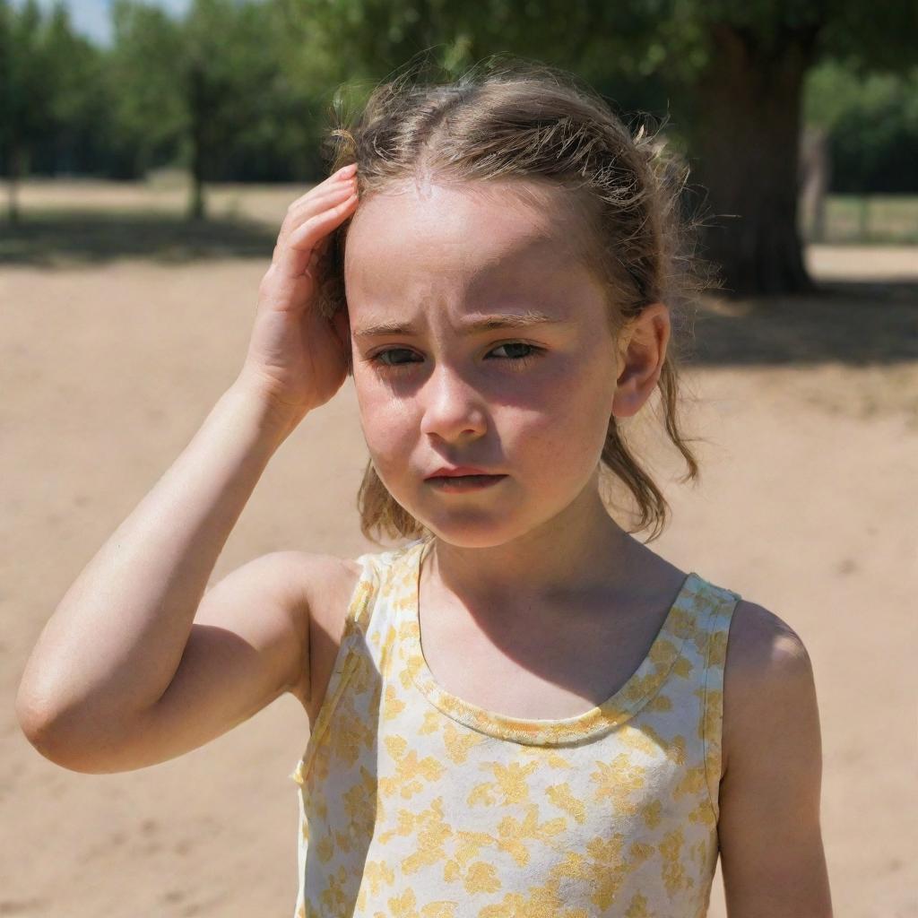 A young girl in summer attire, wiping sweat from her brow under the glaring sun, seeking shade, implying the severity of the heat.