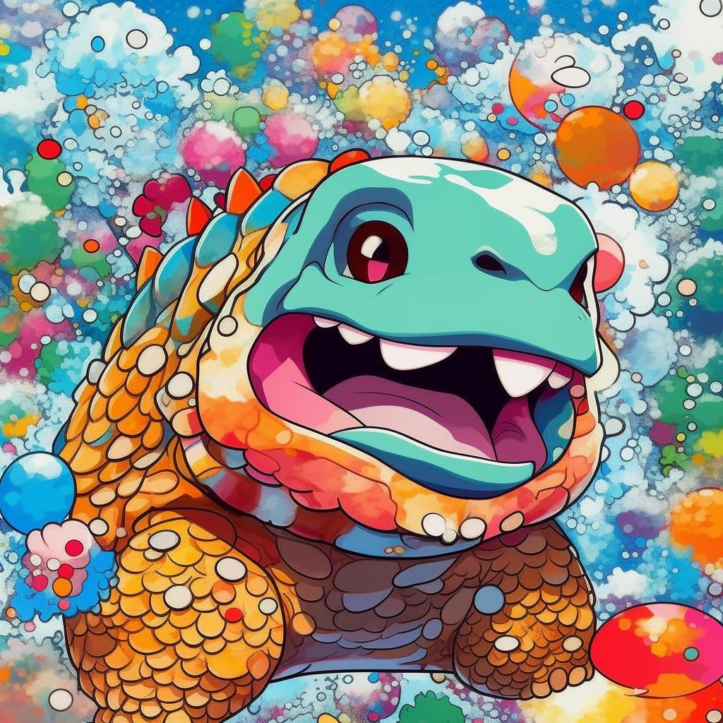 A beautiful Murakami print featuring Blastoise from Pokemon, with the water type Pokemon surrounded by vibrant, superflat style elements typical of Murakami's artwork.