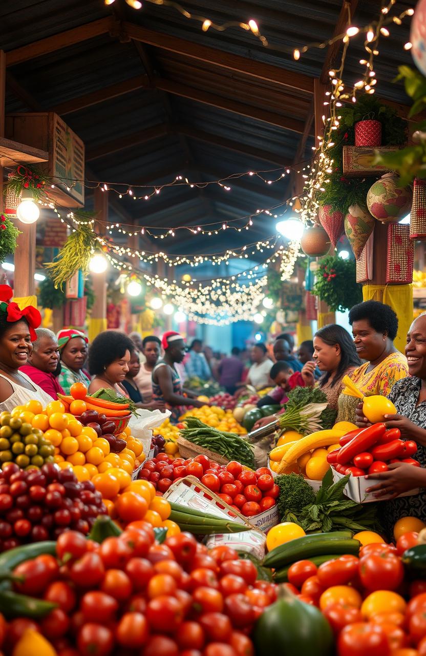 A vibrant and festive Guyanese Christmas scene depicting the grand market filled with fresh fruits and vegetables