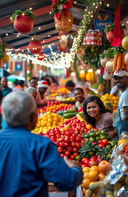 A vibrant and festive Guyanese Christmas scene depicting the grand market filled with fresh fruits and vegetables