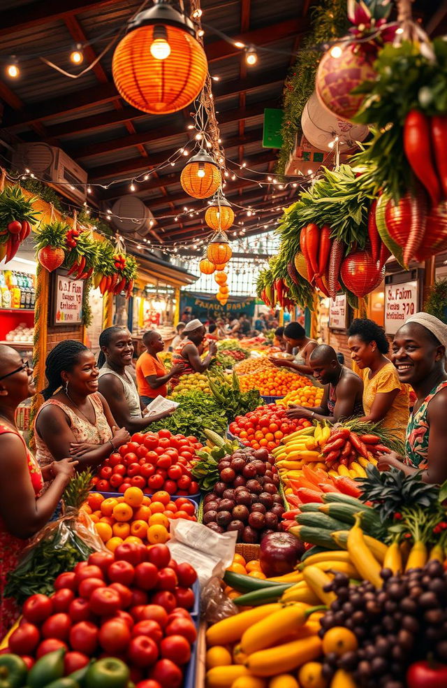 A vibrant and festive Guyanese Christmas scene depicting the grand market filled with fresh fruits and vegetables