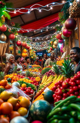 A vibrant and festive Guyanese Christmas scene depicting the grand market filled with fresh fruits and vegetables