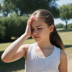 A young girl in summer attire, wiping sweat from her brow under the glaring sun, seeking shade, implying the severity of the heat.