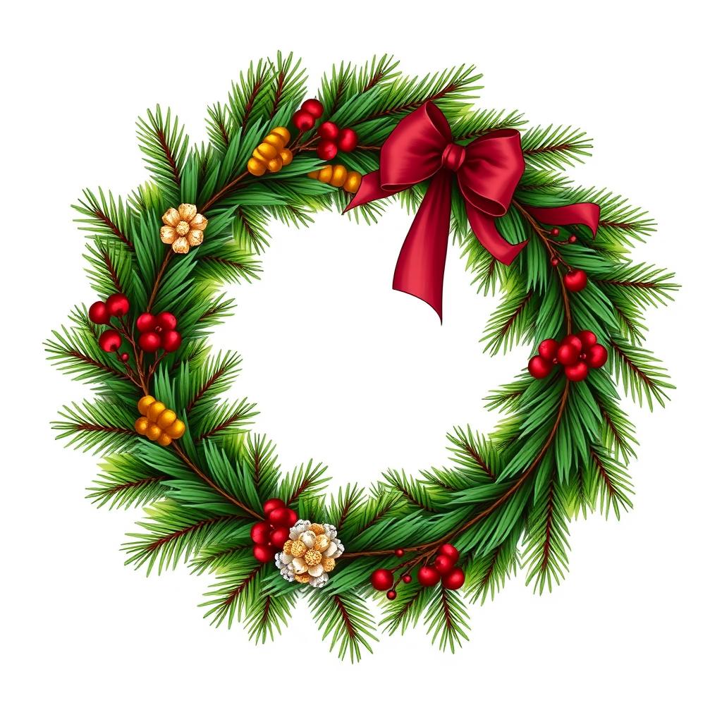 An illustration of a pine wreath featuring three distinct colors intricately incorporated into the design