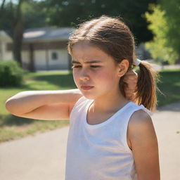 A young girl in summer attire, wiping sweat from her brow under the glaring sun, seeking shade, implying the severity of the heat.