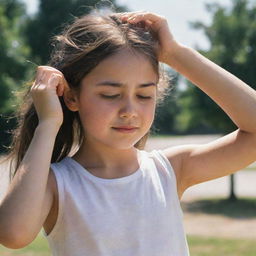 A young girl in summer attire, wiping sweat from her brow under the glaring sun, seeking shade, implying the severity of the heat.