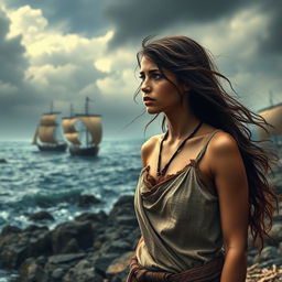 A troubled yet beautiful young female slave depicted against a dramatic backdrop of ancient Rome, with war galleys sailing in the distance