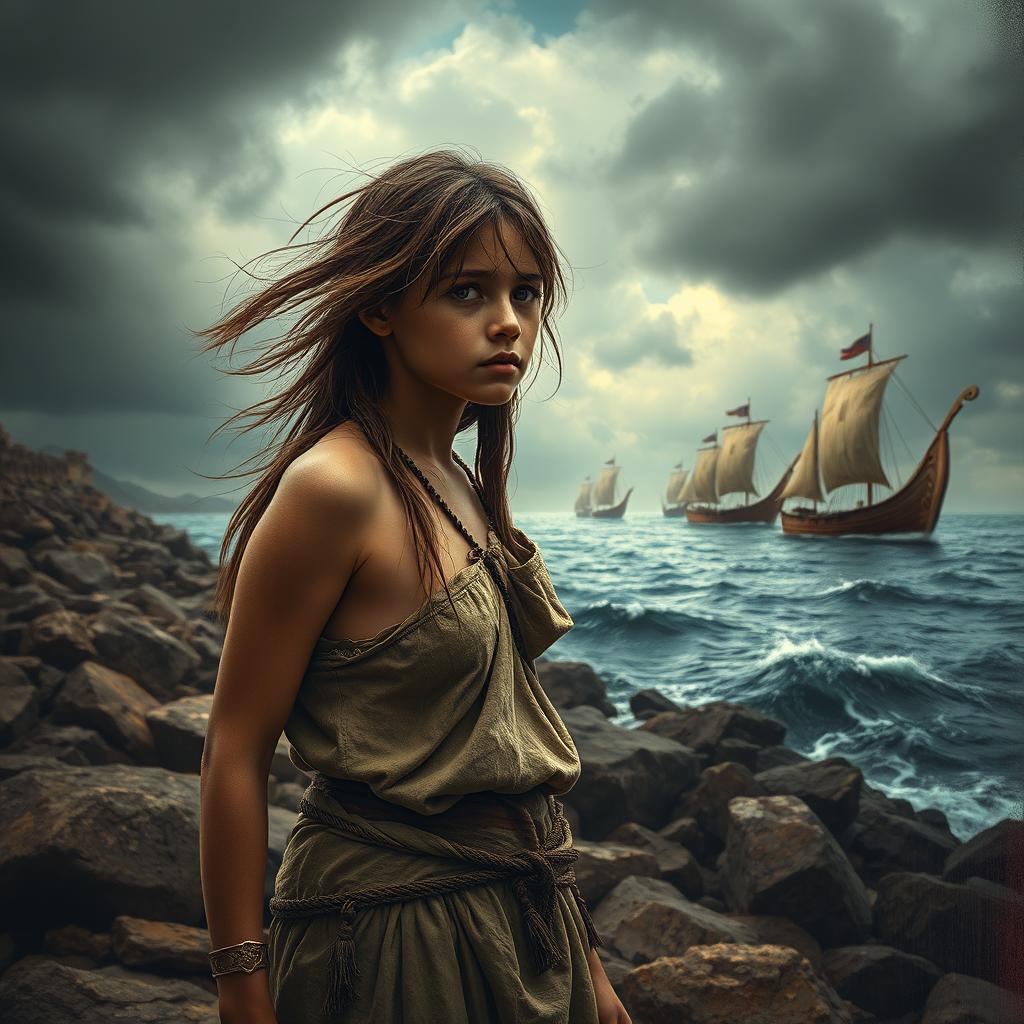 A troubled yet beautiful young female slave depicted against a dramatic backdrop of ancient Rome, with war galleys sailing in the distance