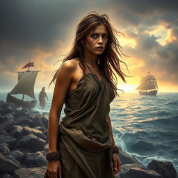 A troubled yet beautiful young female slave depicted against a dramatic backdrop of ancient Rome, with war galleys sailing in the distance