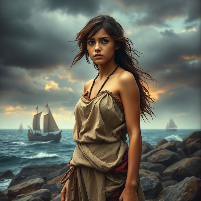 A troubled yet beautiful young female slave depicted against a dramatic backdrop of ancient Rome, with war galleys sailing in the distance