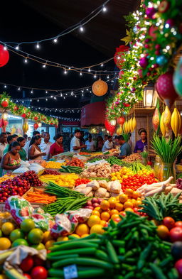 A vibrant Guyanese Christmas scene inspired by Anthony Gordon, showcasing a lively grand market filled with fresh fruits and vegetables, assorted meat and poultry