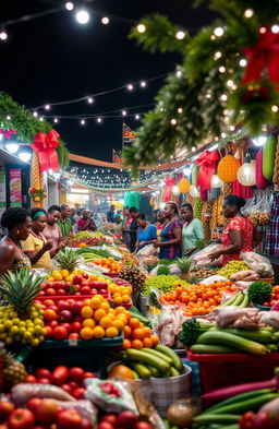 A vibrant Guyanese Christmas scene inspired by Anthony Gordon, showcasing a lively grand market filled with fresh fruits and vegetables, assorted meat and poultry