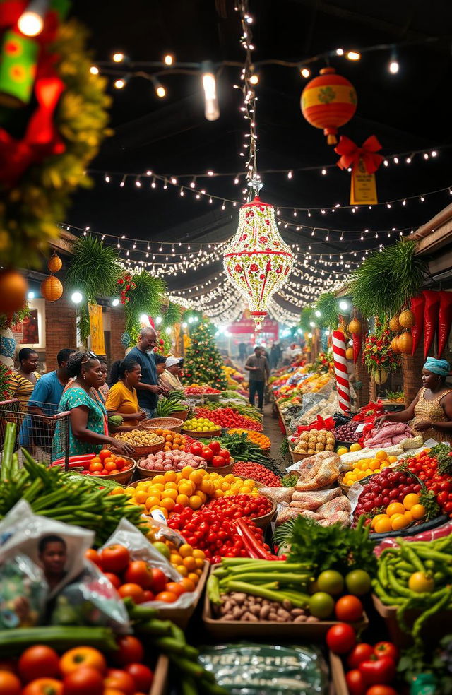 A vibrant Guyanese Christmas scene inspired by Anthony Gordon, showcasing a lively grand market filled with fresh fruits and vegetables, assorted meat and poultry